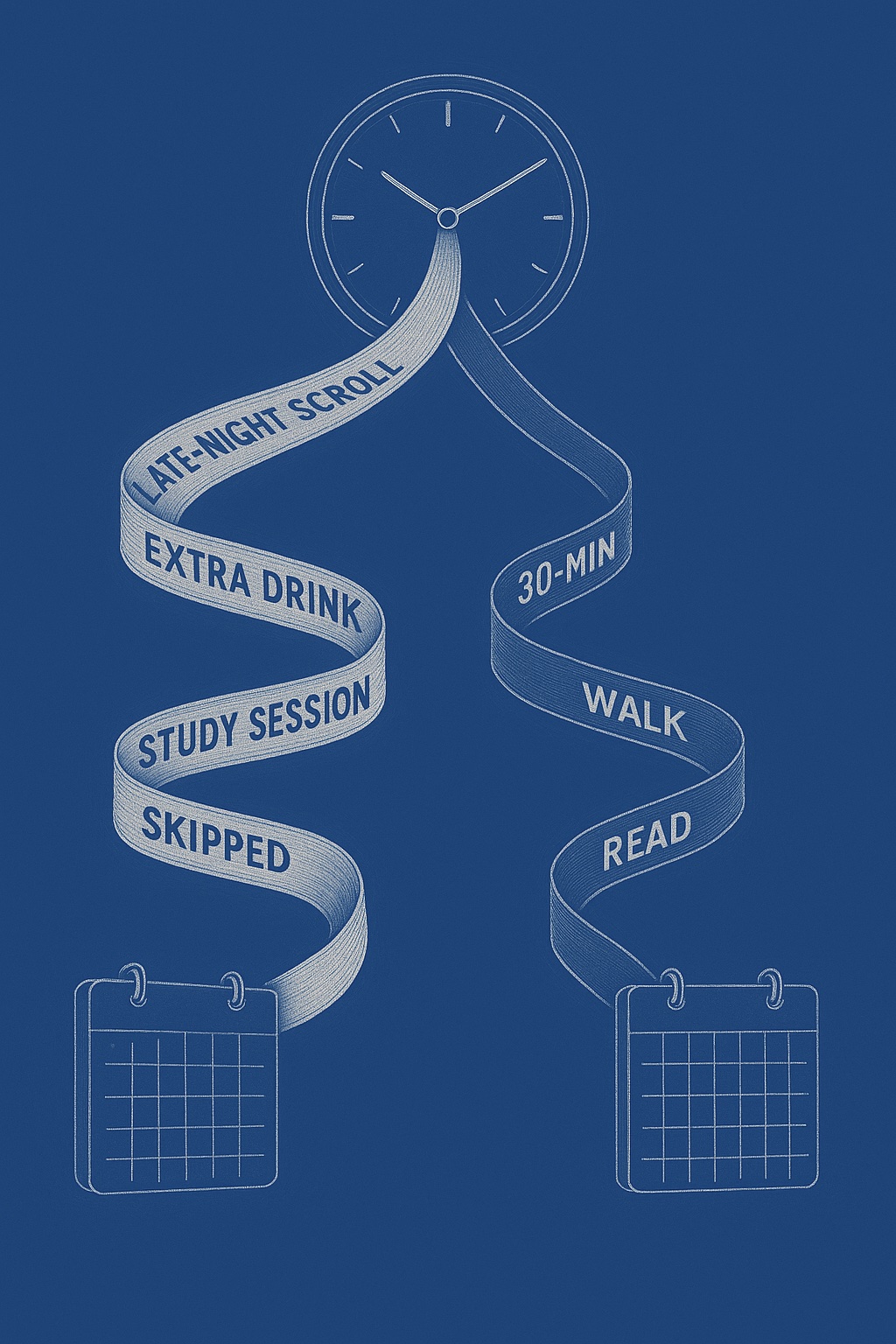 Clock printing a receipt of daily choices; parallel ribbons show how time costs accumulate differently.