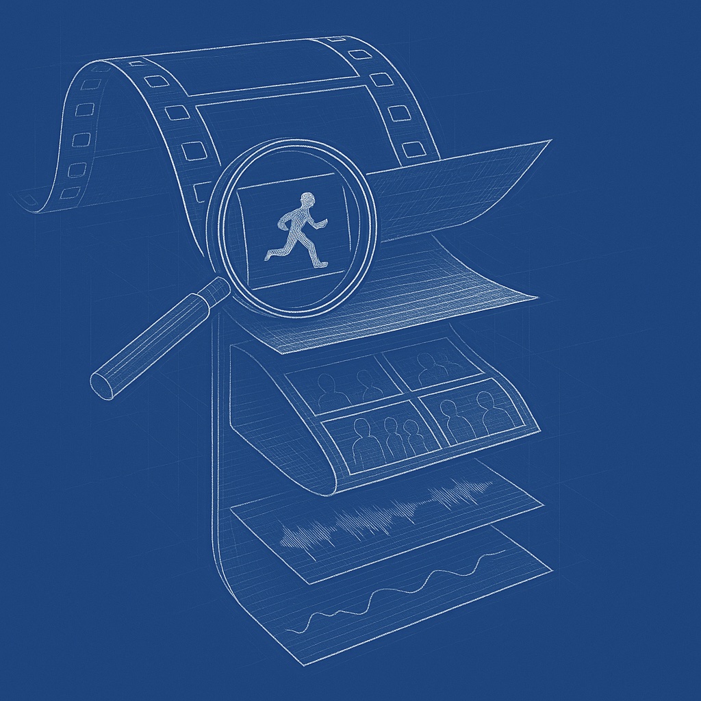 A film strip peeled back to reveal layers: script, storyboard, audio tracks with a magnifier.