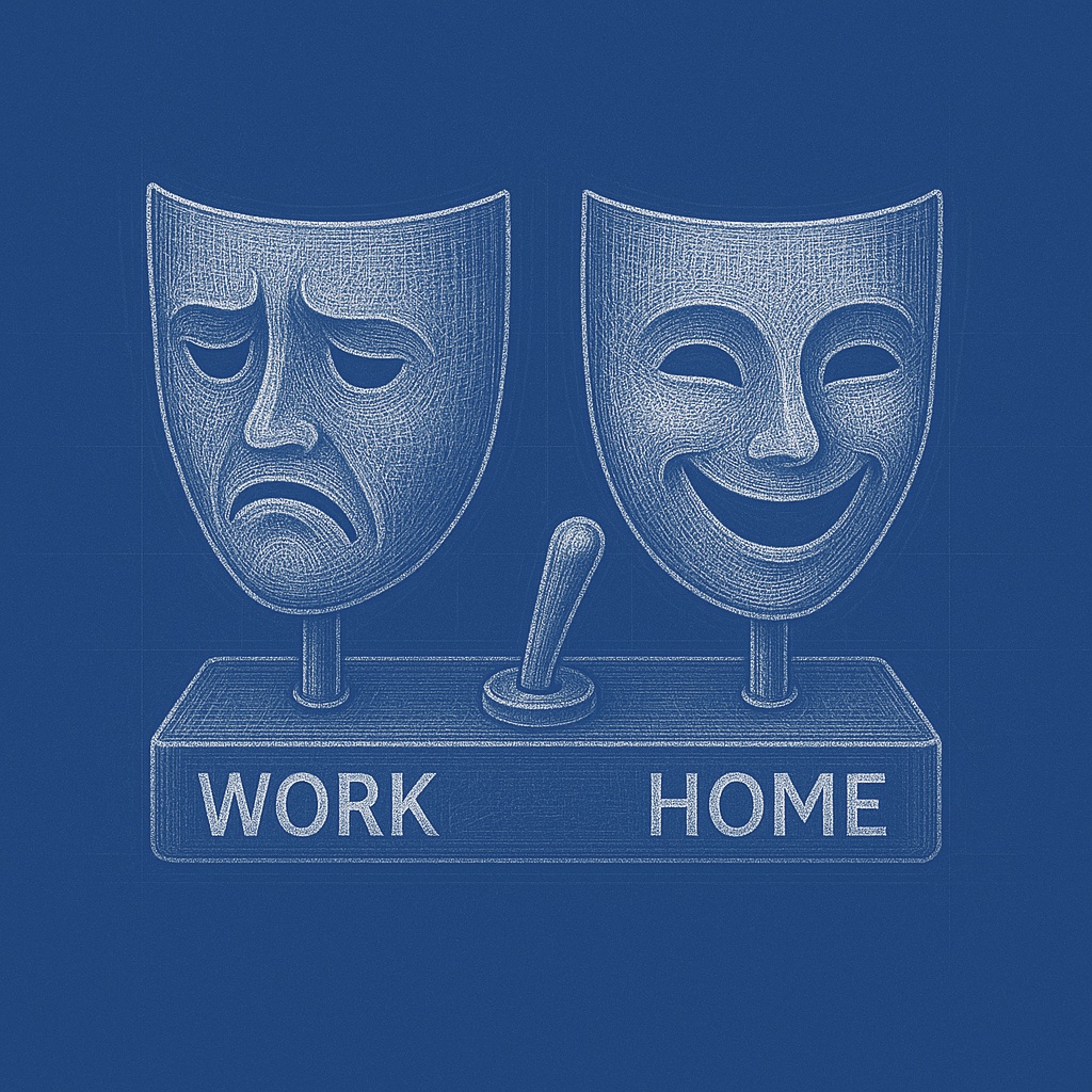 Two masks on a stand (Work / Home) with a toggle switch between them.