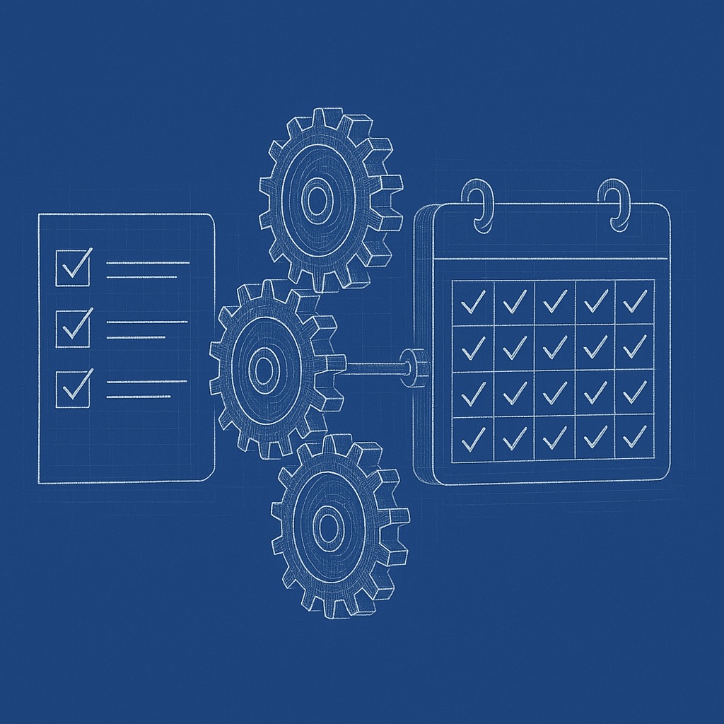 Interlocking gears turning a checklist into a calendar of checkmarks.