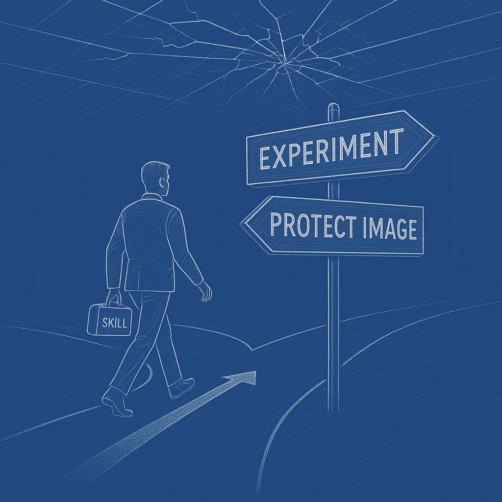 Two road signs at a fork showing Experiment vs Protect Image, with a traveler choosing Experiment with a small tool bag.
