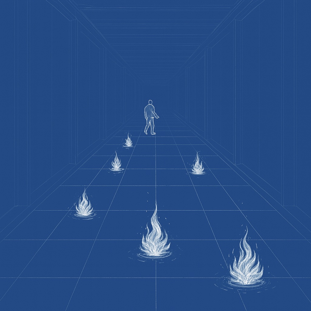 A corridor of pulsing floor tiles; a person times steps between hazard lights.