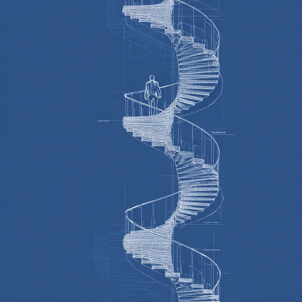 Spiral staircase with alternating landings labeled push and pullback, showing upward motion.