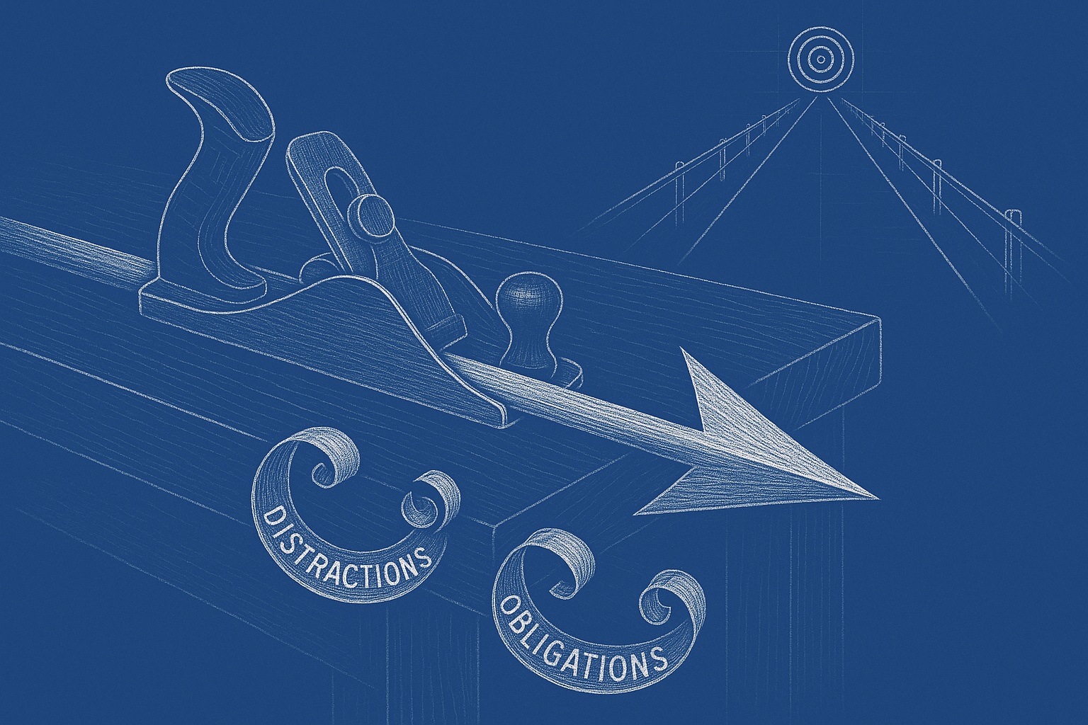 Craftsman smoothing an arrow on a workbench; shavings labeled distractions and obligations fall away; lane and guardrails lead to a target.
