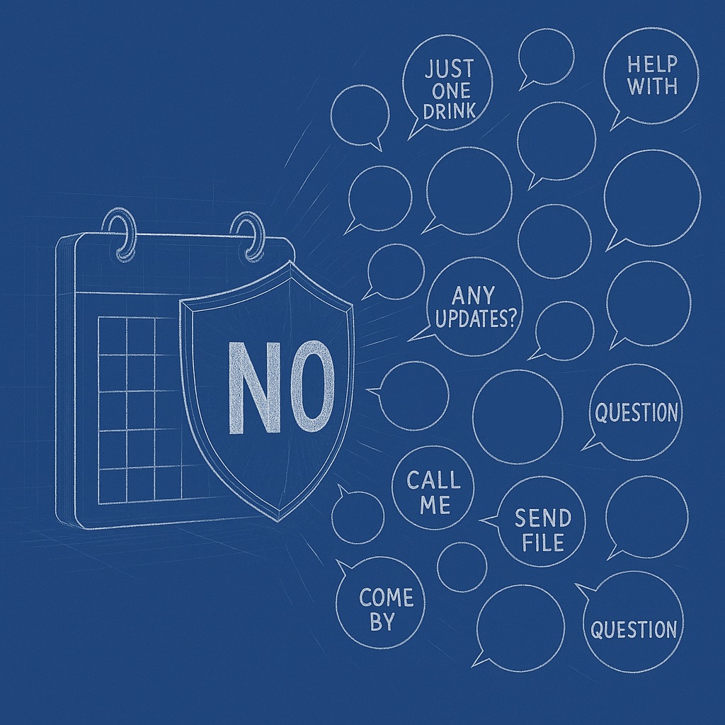 A calendar shield deflects incoming invites, protecting a schedule.