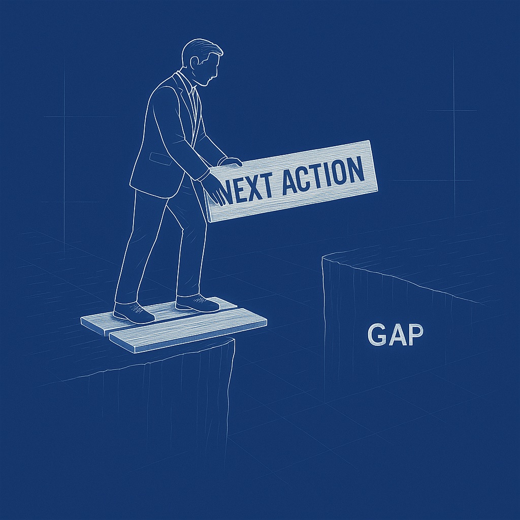 A plank marked 'next action' bridging a small gap toward the other side.