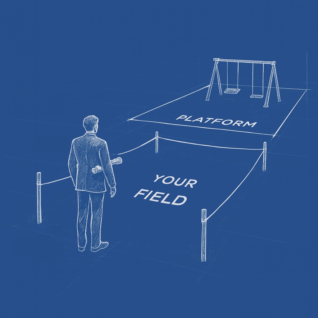 Person staking a boundary beside an established playground to create a new field.