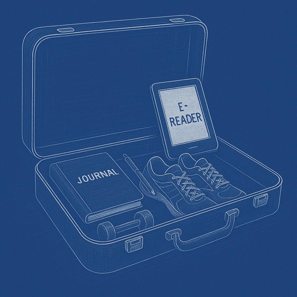 Open suitcase packed with journal, e-reader, running shoes and small dumbbell—habit anchors for travel.